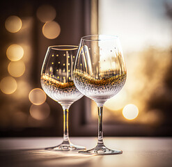 Two glasses of champagne on the table with nice backdrop and bokeh effect. Dinner Table setting. Luxury. AI Generated Art.