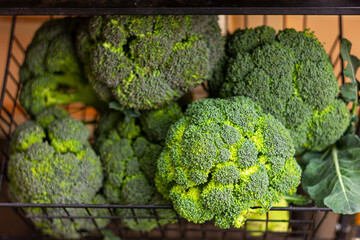 broccoli on counter of vegetable market, healthy and vegetarian food