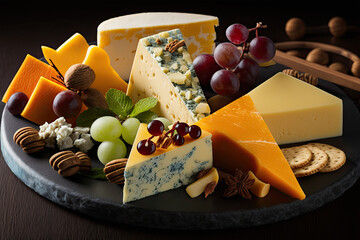 A close-up shot of a gourmet cheese platter with a variety of artisan cheeses, fruits, and nuts, showcasing a sophisticated and indulgent appetizer, cheese, food, dairy, grape, gourmet, brie, 