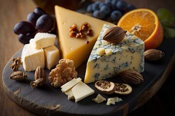 A close-up shot of a gourmet cheese platter with a variety of artisan cheeses, fruits, and nuts, showcasing a sophisticated and indulgent appetizer, cheese, food, dairy, grape, gourmet, brie, 