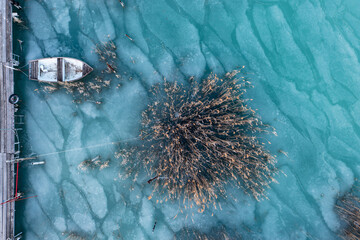 Lake Balaton aeriel view with boat at winter