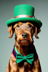 Irish Terrier Wearing a Green Hat and Bow Tie around its Neck, Saint Patrick's Day, Generative AI