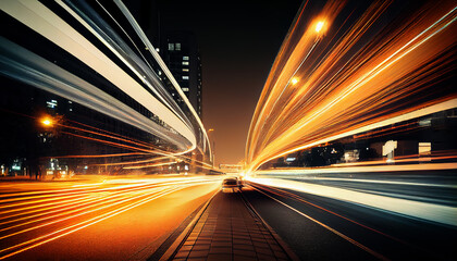 Obraz premium abstract long exposure dynamic speed light trails in an urban environment. Generative ai