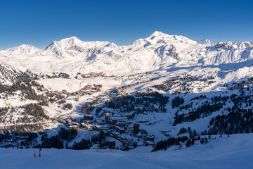 Scenic view of ski resort La Plagne in French Alps on sunny day