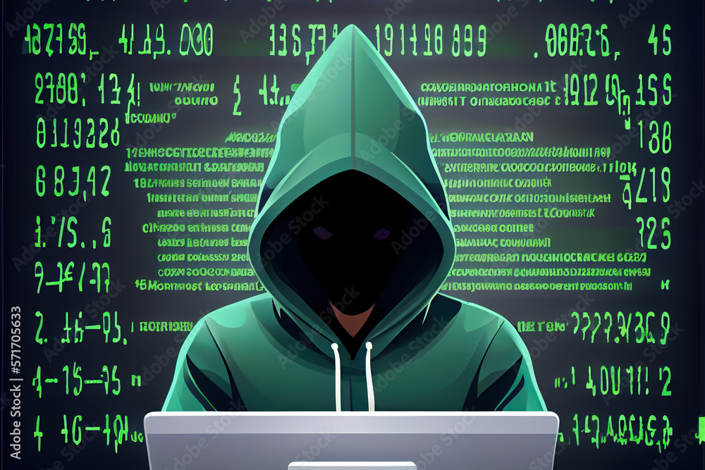 Poster hooded hacker against green background with computer code. generative ai