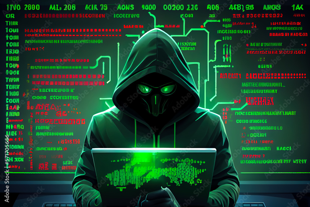 Poster hooded hacker against green background with computer code. generative ai
