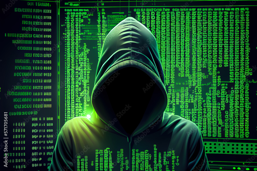Poster hooded hacker against green background with computer code. generative ai