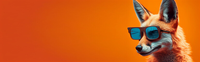 Orangefarbene Freifläche mit Fuchs der Sonnenbrille trägt, Generative AI - obrazy, fototapety, plakaty
