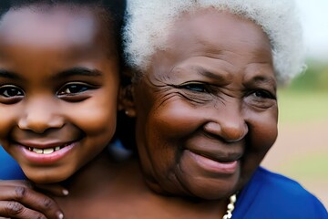 Afro american family portrait. Grandmother and granddaughter. Close up. Looking to the camera. Ai generative.