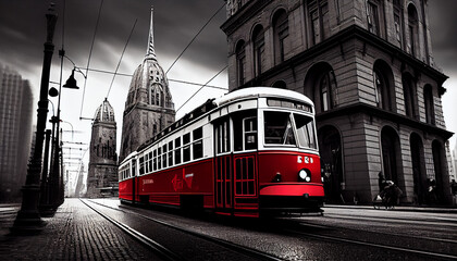 Retro Bild mit Colorkey-Effekt: Schwarz weiß Foto einer Altstadt mit roter retro Straßenbahn - Generative Ai
