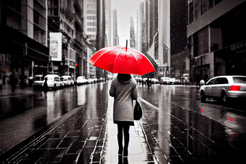 Retro Bild mit Colorkey-Effekt:Frau mit roten Regenschirm in einer verregneten schwarz weiß Stadt - Generative Ai