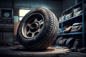 Fototapeta na wymiar A tyre at the repair shop, service garage background, car fixing - generative ai