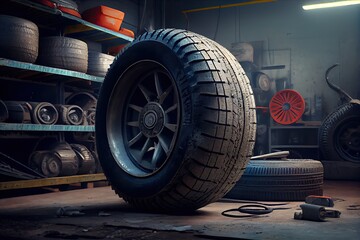 Obraz na płótnie Canvas A tyre at the repair shop, service garage background, car fixing - generative ai