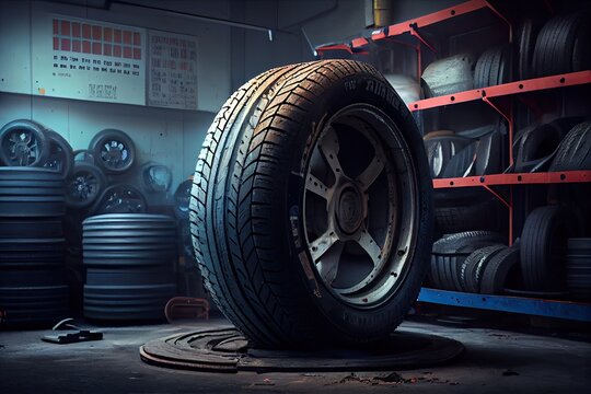 A tyre at the repair shop, service garage background, car fixing - generative ai
