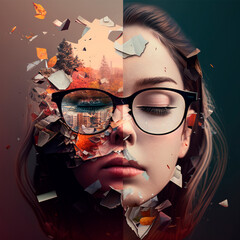 Close up face of a woman with glasses being deconstructed