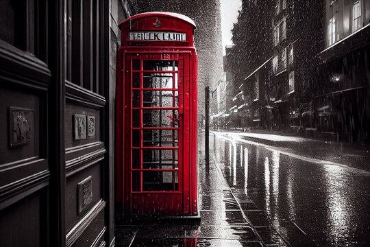 Retro Bild mit Colorkey-Effekt: Rote Londoner- Telefonzelle in einer schwarz wei&szlig; Stadt - Generative Ai