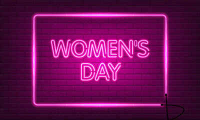Neon sign Women's Day 2023 in a frame on brick wall background. Vintage electric signboard with bright neon lights. Pink light falls. Vector illustration