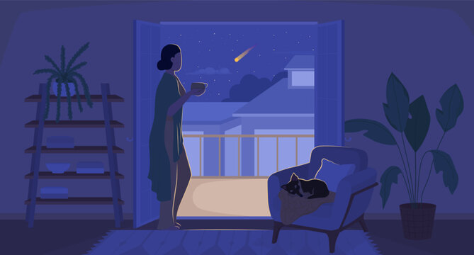 Woman admiring view from balcony at cozy night flat concept vector illustration. Flash message with flat 2D character on cartoon background. Colorful editable image for mobile, website UX design