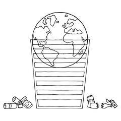 Our Planet Earth is in the trash can. Pollution of planet Earth. The problem of waste disposal and removal. Environmental problems. Hand Drawn. Freehand drawing. Doodle. Sketch. Outline.