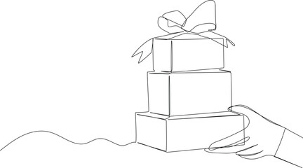 Continuous one-line drawing template gifts box with party concept. Bday presents cardboard box or banner template with happy birthday typography. Single line drawing design vector graphic illustration