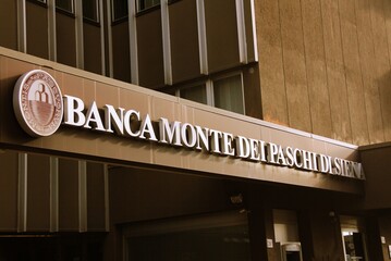 Naklejka premium Florence ,Italy , January 31st 2023 , monte dei paschi di Siena bank sign with logo .