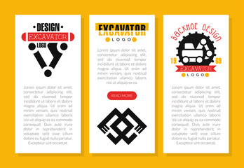 Excavator and Backhoe Vertical Card or Web Banner Vector Template
