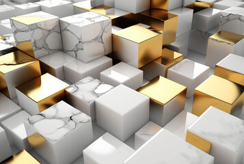 Abstract white golden marble cubes geometric background. Generative AI