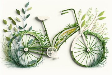 Bicycle wrapped in grass and green plants, sustanible transport concept. Generative AI