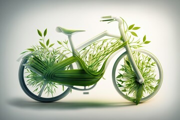 Bicycle wrapped in grass and green plants, sustanible transport concept. Generative AI