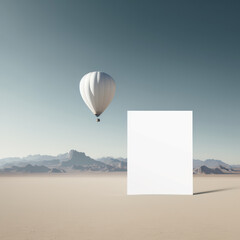 Blank mockup of poster billboard on hot air balloon floating in the sky above a vast landscape AI generation.