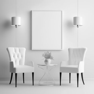 Frame poster mockup in home interior, velvet chairs and silver candlesticks AI Generaion.