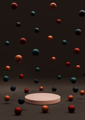 Dark brown 3D illustration minimal product display Christmas themed with colorful decoration Christmas balls colorful metallic marbles falling photography wallpaper with one podium or stand
