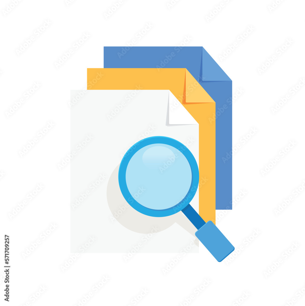 Poster researching conceptual illustrations with colorful paper sheets and magnifying glass. vector illustr