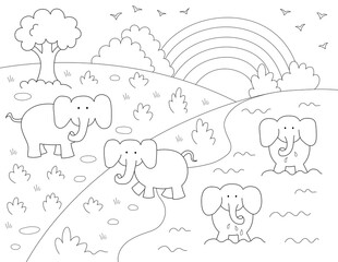 animals coloring page. design with elephants and a rainbow that you can print on 8.5x11 inch paper