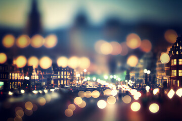 Defocused european city illustration. Modern city cityscape. Empty road with lights and buildings. Blurred background