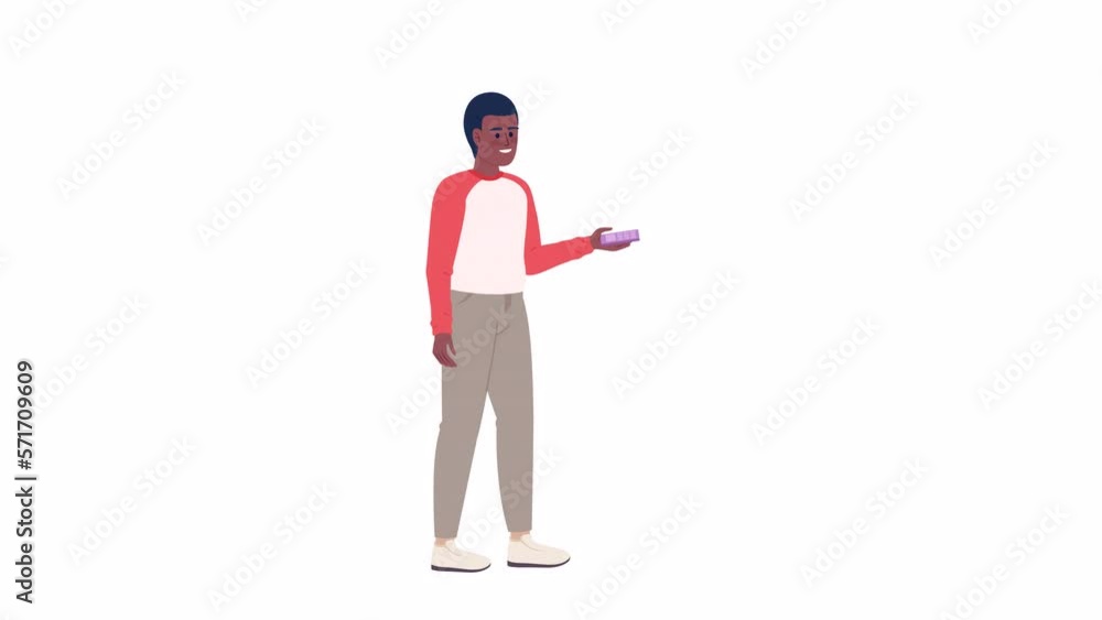 Poster animated guy clicking remote control. managing devices. student showing presentation. flat character