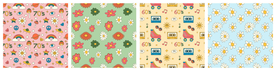 Set of retro 70s and 60s psychedelic seamless patterns, groovy hippie backgrounds. Cartoon funky print with flowers and mushrooms, hippy pattern. Vector illustration.