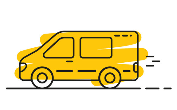 Delivery van. Transport linear style icon. Minibus outline vector on yellow