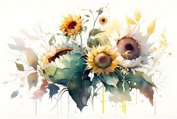 Generative AI, yellow sunflowers painted in a watercolor style on a light background
