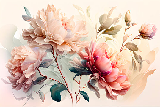 Generative AI, delicate watercolor bouquet with peonies in vintage style on a light background