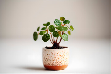 Generative AI, a small elegant plant with round leaves in a pot on a light background.