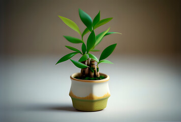 Generative AI, bamboo sprout in a pot on a light background.