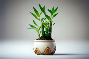 Generative AI, bamboo sprout in a pot on a light background.