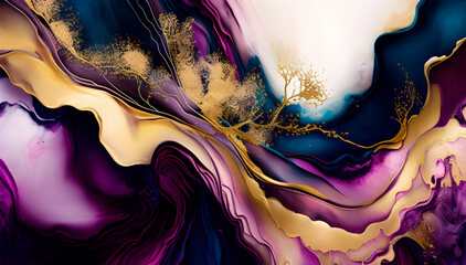 Generative AI, abstract backgrounds, artistic stains of paint, ink, golden sparkles, drops, streaks, voluminous ornate mixtures of bright, dense colors.