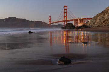 View of the Golden Gate Bridge from Marshall's Beach just after sunset