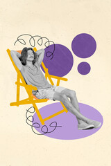 Collage artwork graphics picture of happy smiling guy relaxing lounge chair isolated painting background