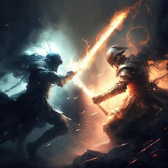 epic battle of light and darkness, fantasy art, AI generation.