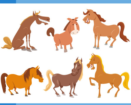 cartoon happy horses farm animal characters set