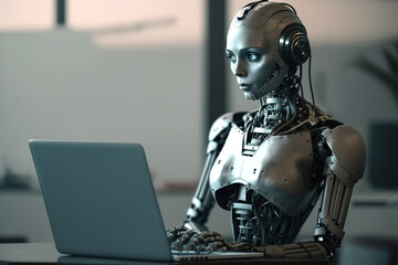 robot answering questions on a laptop, sci-fi, ai art illustration  - obrazy, fototapety, plakaty