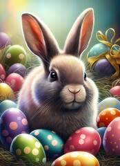 colorful illustration of a bunny surrounded by Easter eggs, art illustration 